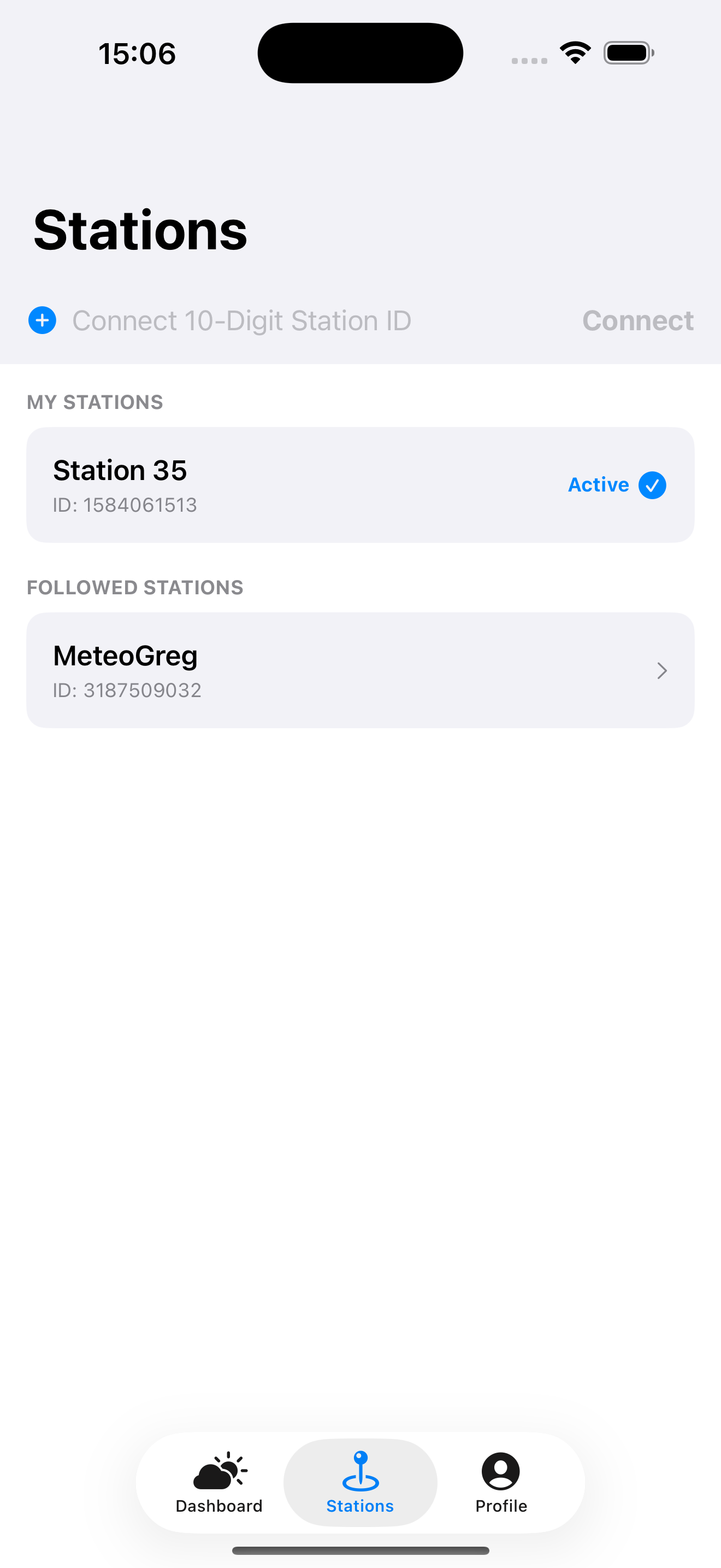 Stations screen listing owned and followed weather stations