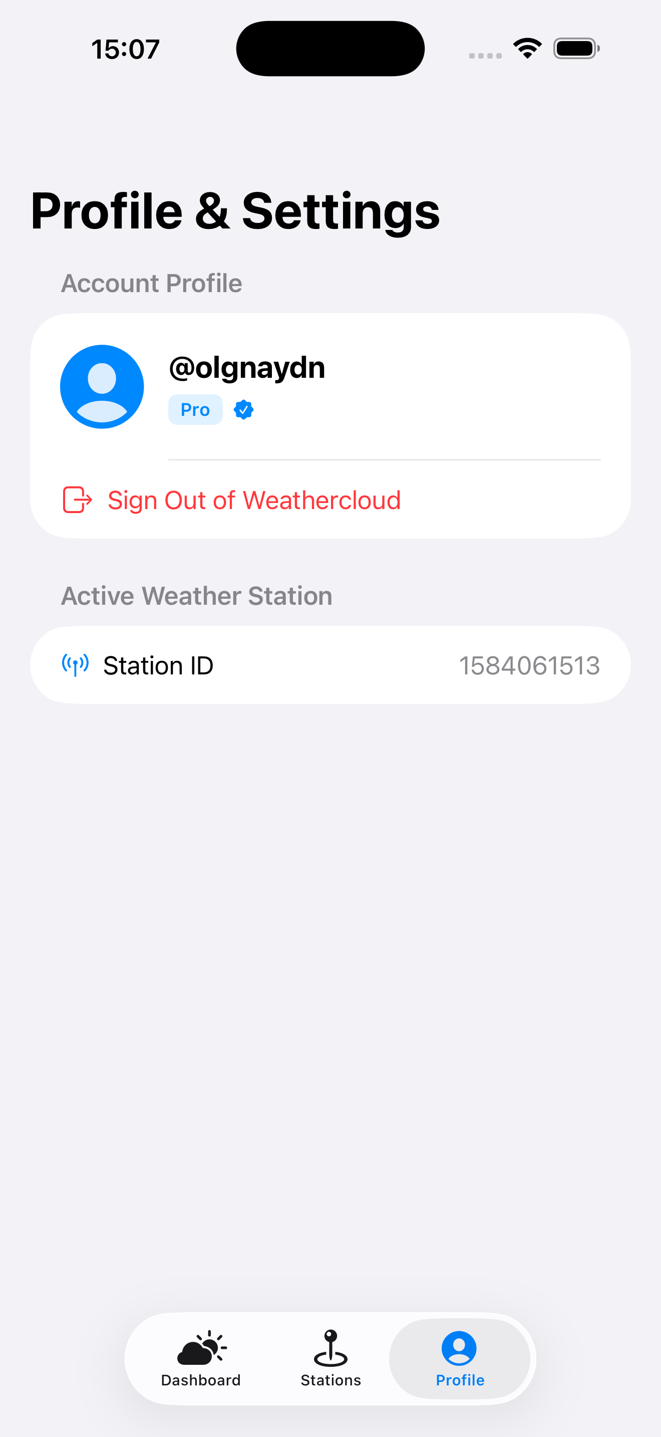 Profile and settings screen with account and active station